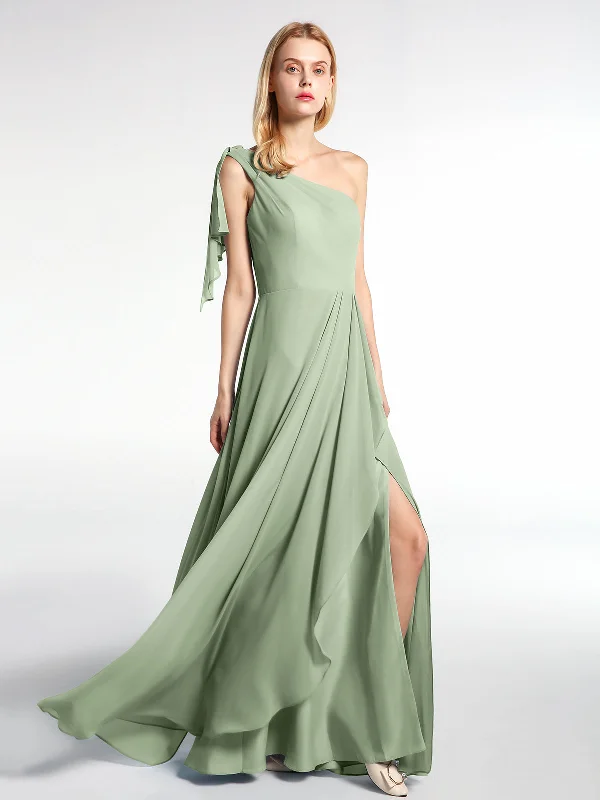 One Shoulder Chiffon Maxi Dress with Cascade-Dusty Sage Classic A-Line Maxi Dress