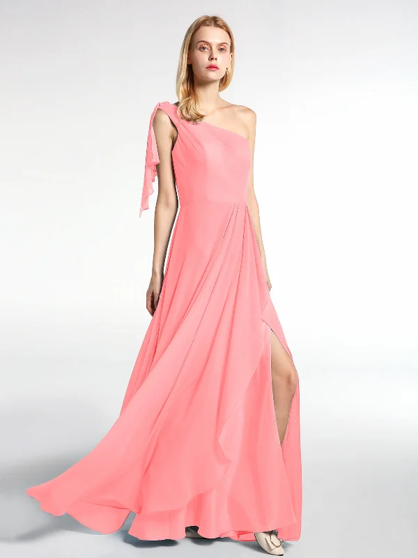 One Shoulder Chiffon Maxi Dress with Cascade-Flamingo Trendy Maxi Dress with Lace