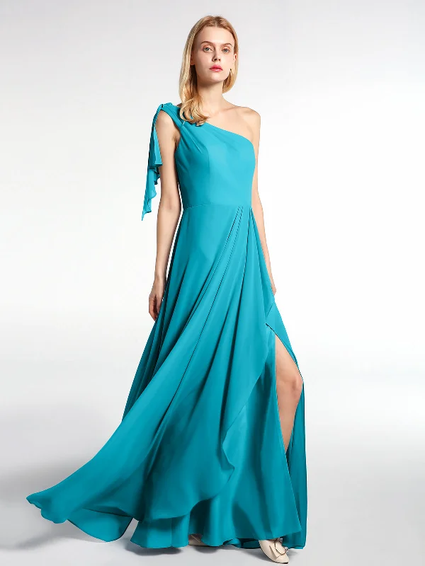 One Shoulder Chiffon Maxi Dress with Cascade-Jade Trendy Off-Shoulder Ruffle Maxi Dress