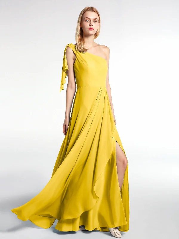 One Shoulder Chiffon Maxi Dress with Cascade-Marigold Cozy Maxi Dress with Slit