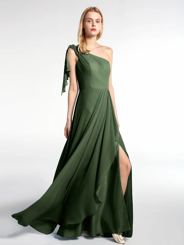 One Shoulder Chiffon Maxi Dress with Cascade-Olive Green Elegant Maxi Dress with Belt One Shoulder Chiffon Maxi Dress with Cascade-Olive Green Elegant Maxi Dress with Belt