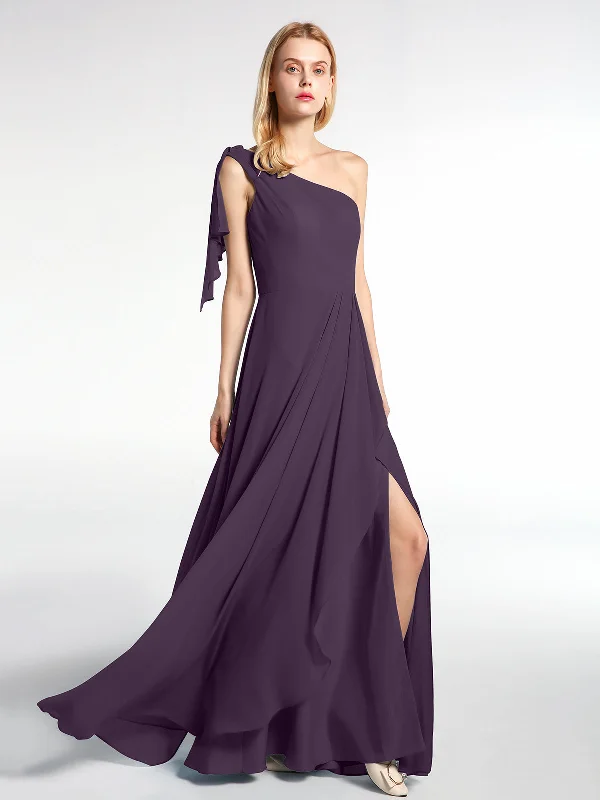 One Shoulder Chiffon Maxi Dress with Cascade-Plum Elegant Lace-Up Maxi Dress