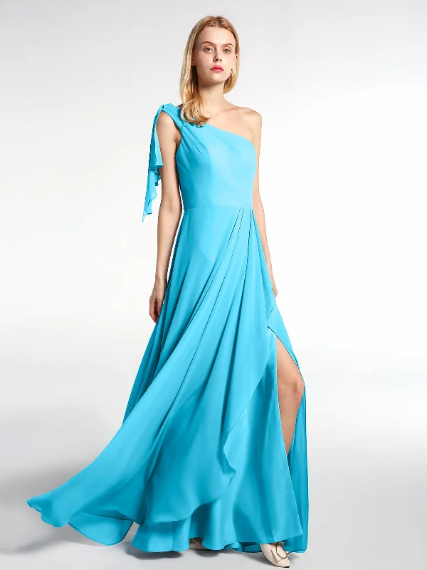 One Shoulder Chiffon Maxi Dress with Cascade-Pool Elegant Lace Maxi Dress