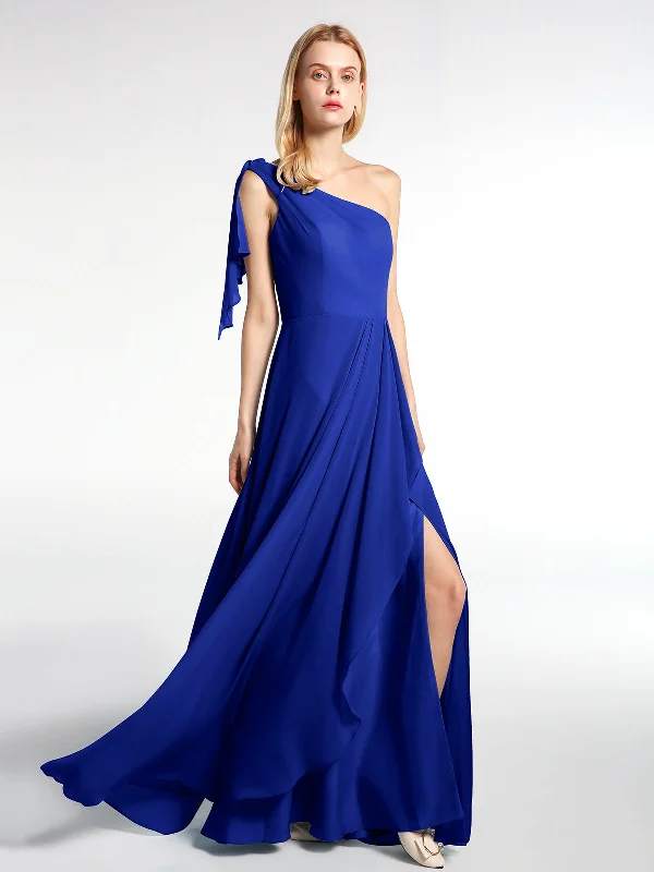 One Shoulder Chiffon Maxi Dress with Cascade-Royal Blue Trendy Printed Maxi Dress