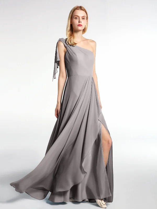 One Shoulder Chiffon Maxi Dress with Cascade-Silver Stylish Pleated A-Line Maxi Dress One Shoulder Chiffon Maxi Dress with Cascade-Silver Stylish Pleated A-Line Maxi Dress