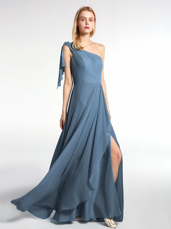 One Shoulder Chiffon Maxi Dress with Cascade-Slate Blue Comfortable Plunging Neckline Maxi Dress