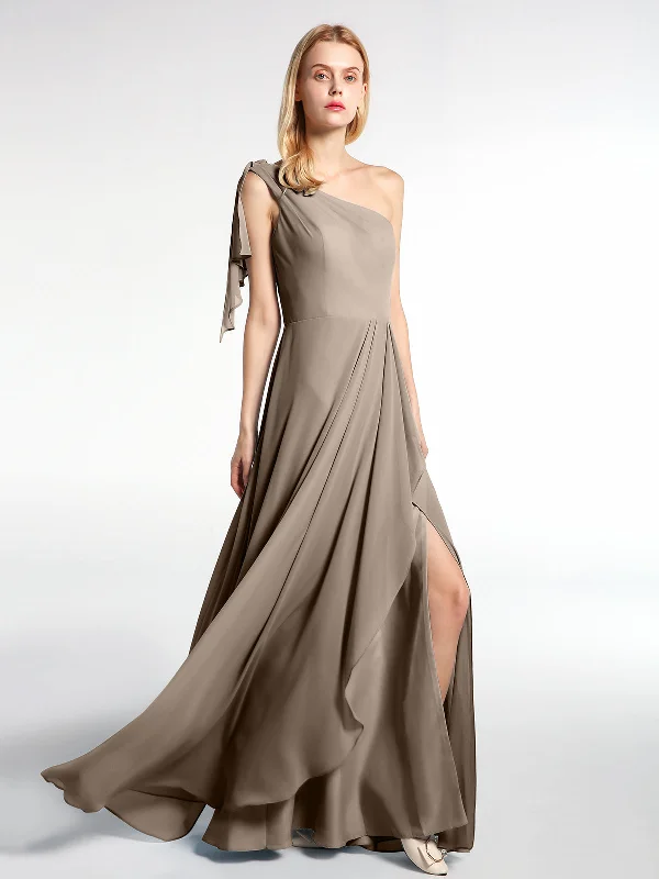 One Shoulder Chiffon Maxi Dress with Cascade-Taupe Classic V-Neck Maxi Dress