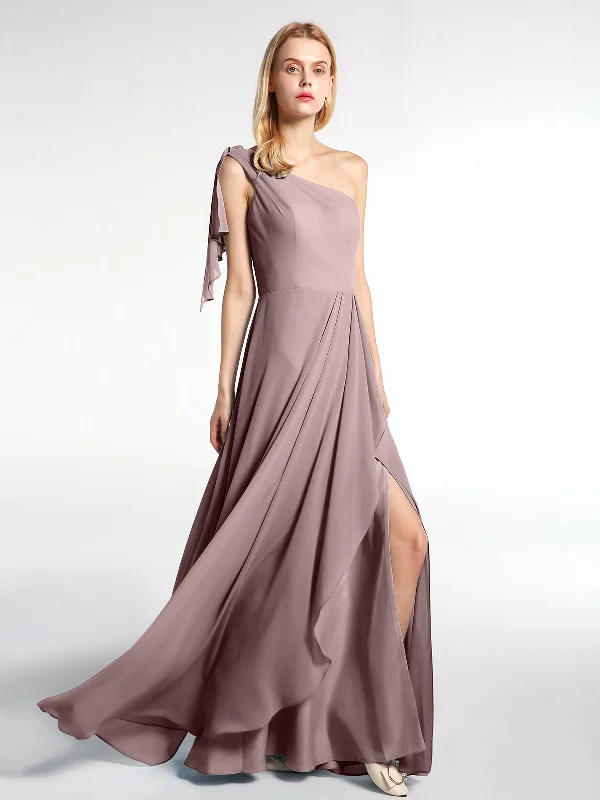 One Shoulder Chiffon Maxi Dress with Cascade-Vintage Mauve Fashionable High-Low Maxi Dress One Shoulder Chiffon Maxi Dress with Cascade-Vintage Mauve Fashionable High-Low Maxi Dress