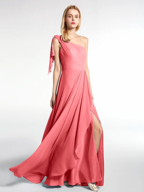 One Shoulder Chiffon Maxi Dress with Cascade-Watermelon Comfortable Bohemian Maxi Dress One Shoulder Chiffon Maxi Dress with Cascade-Watermelon Comfortable Bohemian Maxi Dress