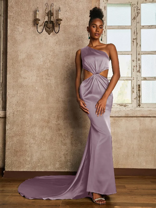 One Shoulder Ruched Waist Cut-Out Maxi Dress Dusk Trendy Ruffled Maxi Dress