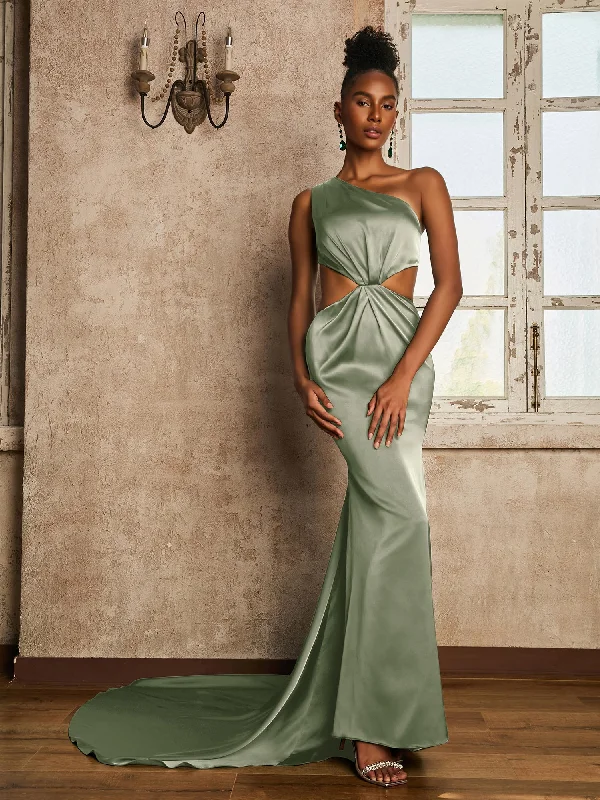 One Shoulder Ruched Waist Cut-Out Maxi Dress Dusty Sage Classic Solid Maxi Dress