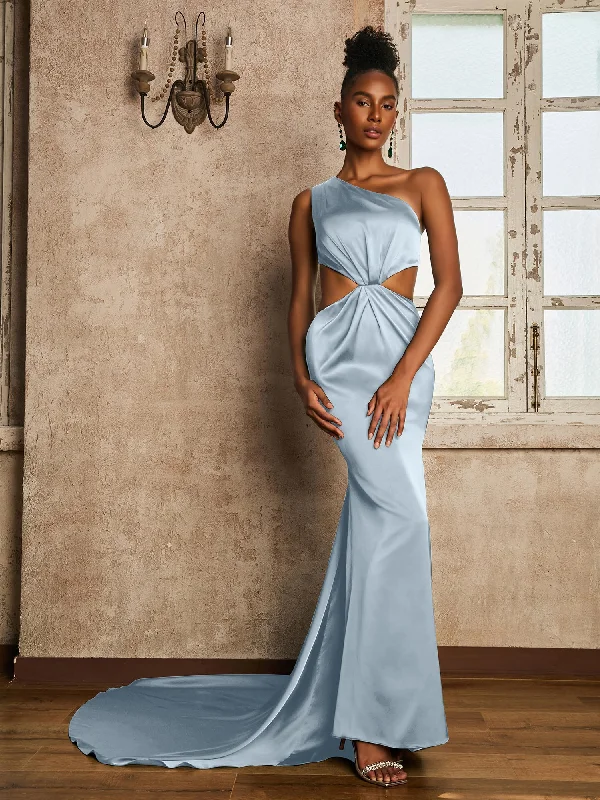 One Shoulder Ruched Waist Cut-Out Maxi Dress Mist Elegant Floral Maxi Dress