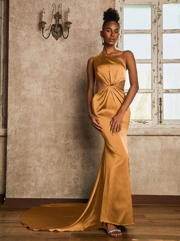 One Shoulder Ruched Waist Cut-Out Maxi Dress Tangerine Comfortable Maxi Dress with Belt
