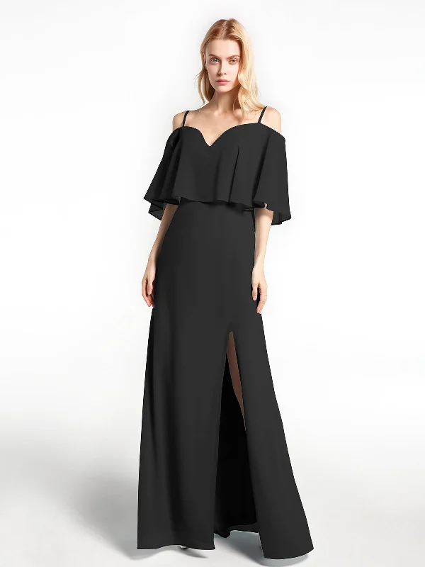 Ruffled Cold Shoulder Maxi Dress with Flounce Overlay Black Fashionable Open-Back Maxi Dress Ruffled Cold Shoulder Maxi Dress with Flounce Overlay Black Fashionable Open-Back Maxi Dress