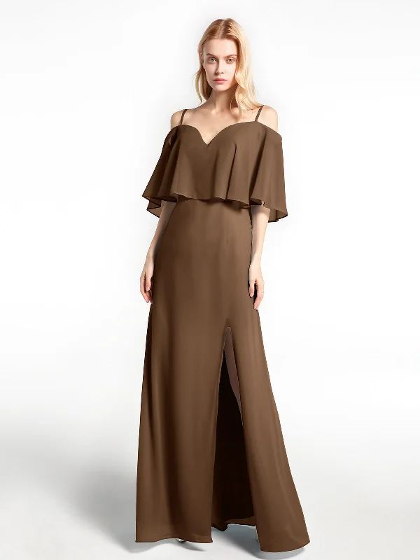Ruffled Cold Shoulder Maxi Dress with Flounce Overlay Brown Stylish Longline Maxi Dress Ruffled Cold Shoulder Maxi Dress with Flounce Overlay Brown Stylish Longline Maxi Dress