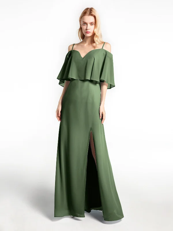 Ruffled Cold Shoulder Maxi Dress with Flounce Overlay Olive Green Cozy Knit Maxi Dress Ruffled Cold Shoulder Maxi Dress with Flounce Overlay Olive Green Cozy Knit Maxi Dress