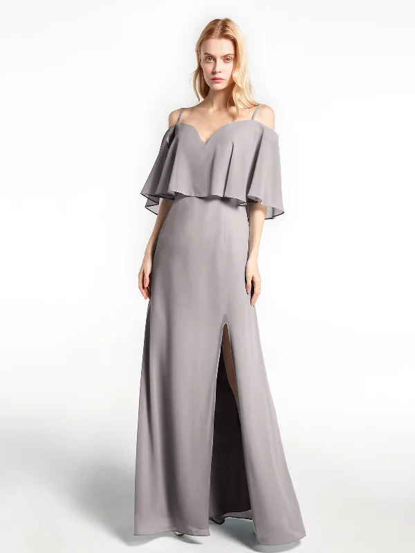 Ruffled Cold Shoulder Maxi Dress with Flounce Overlay Silver Cozy Knitted Maxi Dress Ruffled Cold Shoulder Maxi Dress with Flounce Overlay Silver Cozy Knitted Maxi Dress