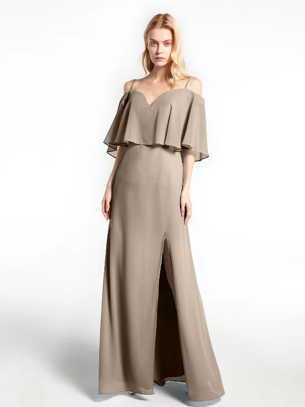 Ruffled Cold Shoulder Maxi Dress with Flounce Overlay Taupe Stylish V-Neck Maxi Dress