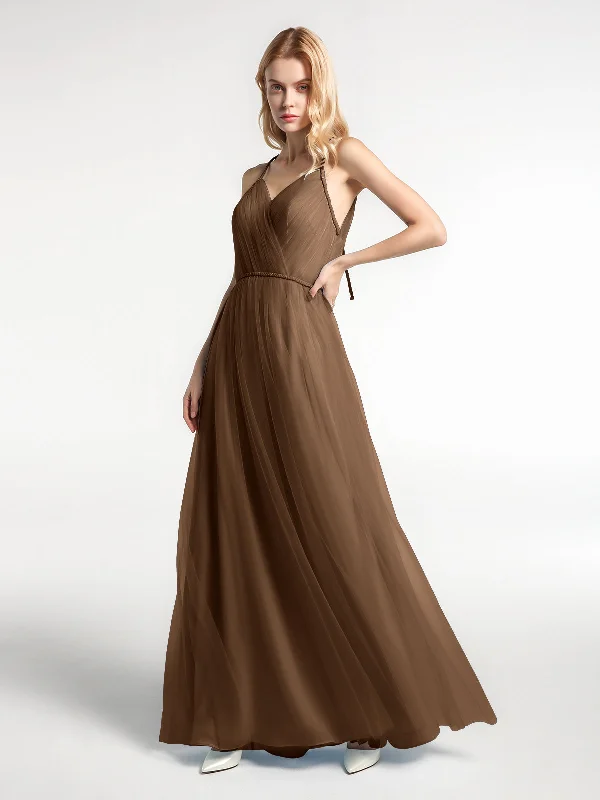 Twist Straps Tulle Maxi Dress with V Neckline Brown Classic Tulle Maxi Dress
