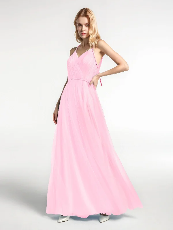 Twist Straps Tulle Maxi Dress with V Neckline Candy Pink Classic V-Neck Maxi Dress