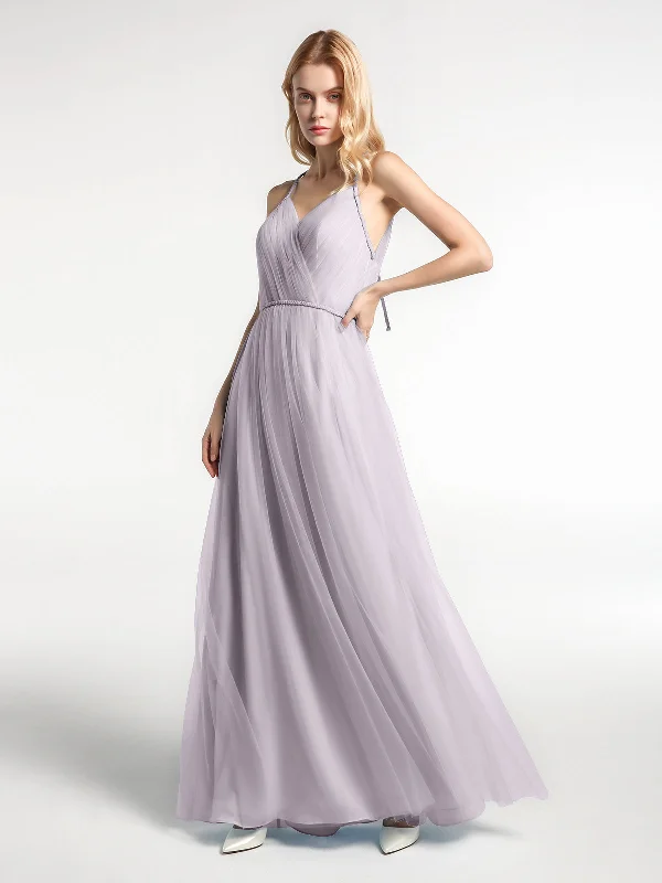 Twist Straps Tulle Maxi Dress with V Neckline Dusk Cozy Maxi Dress with Slit
