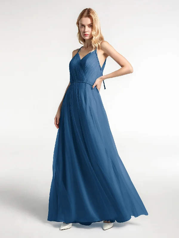 Twist Straps Tulle Maxi Dress with V Neckline Ink Blue Cozy Longline Maxi Dress