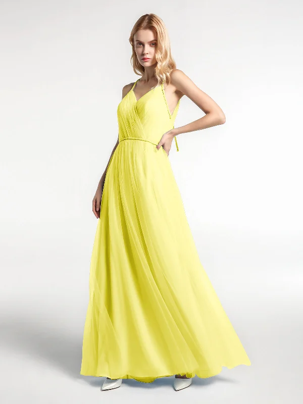 Twist Straps Tulle Maxi Dress with V Neckline Lemon Cozy Cold-Shoulder Maxi Dress