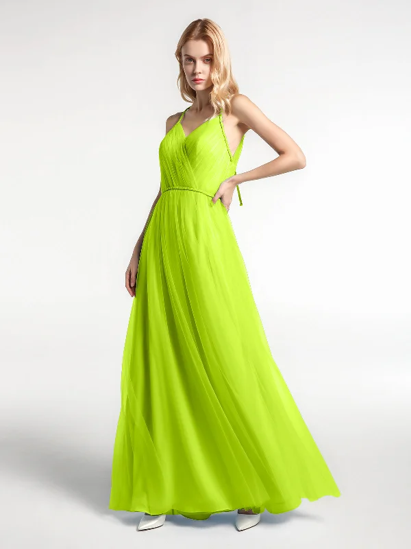 Twist Straps Tulle Maxi Dress with V Neckline Lime Green Trendy A-Line Maxi Dress