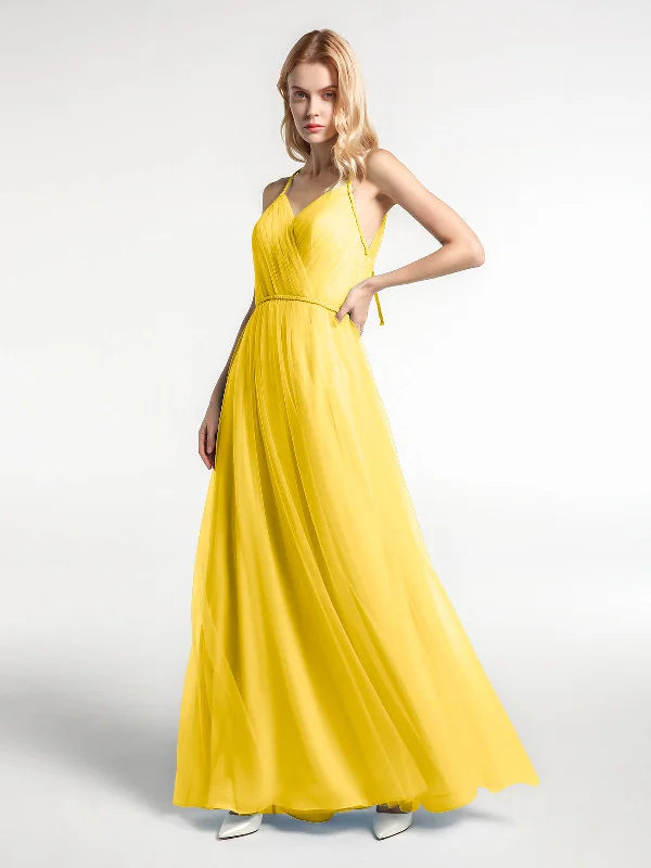 Twist Straps Tulle Maxi Dress with V Neckline Marigold Fashionable Maxi Dress with Fringe Twist Straps Tulle Maxi Dress with V Neckline Marigold Fashionable Maxi Dress with Fringe