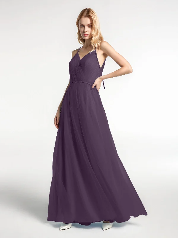 Twist Straps Tulle Maxi Dress with V Neckline Plum Trendy Maxi Dress with Straps