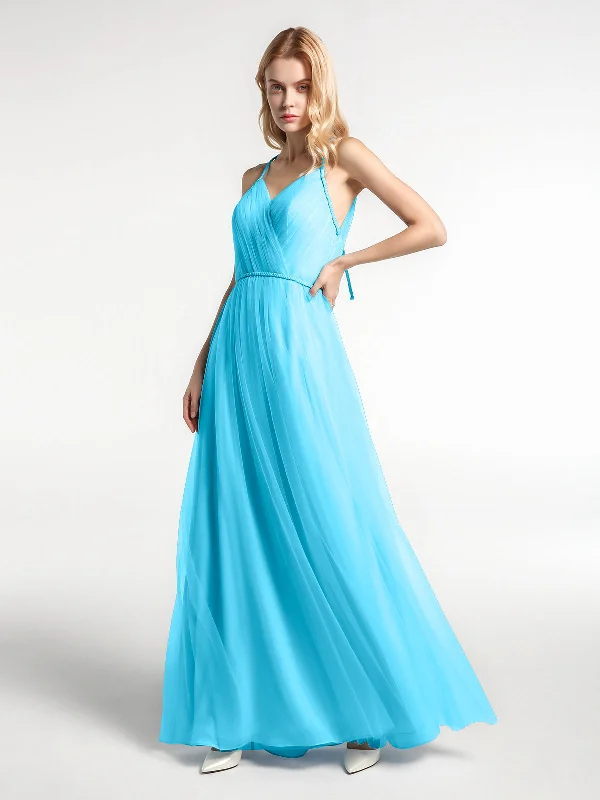 Twist Straps Tulle Maxi Dress with V Neckline Pool Elegant Maxi Dress with Drapes