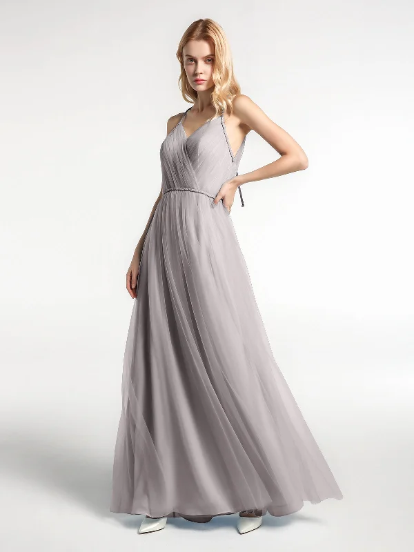 Twist Straps Tulle Maxi Dress with V Neckline Silver Cozy Maxi Dress with Slit