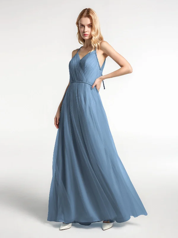 Twist Straps Tulle Maxi Dress with V Neckline Slate Blue Classic Strapless Maxi Dress Twist Straps Tulle Maxi Dress with V Neckline Slate Blue Classic Strapless Maxi Dress