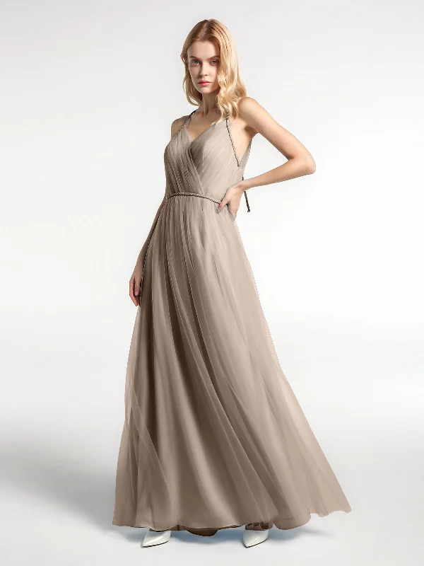 Twist Straps Tulle Maxi Dress with V Neckline Taupe Elegant Boho Maxi Dress