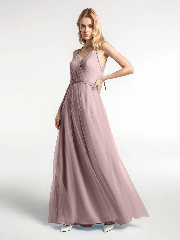 Twist Straps Tulle Maxi Dress with V Neckline Vintage Mauve Stylish Long Sleeve Maxi Dress Twist Straps Tulle Maxi Dress with V Neckline Vintage Mauve Stylish Long Sleeve Maxi Dress