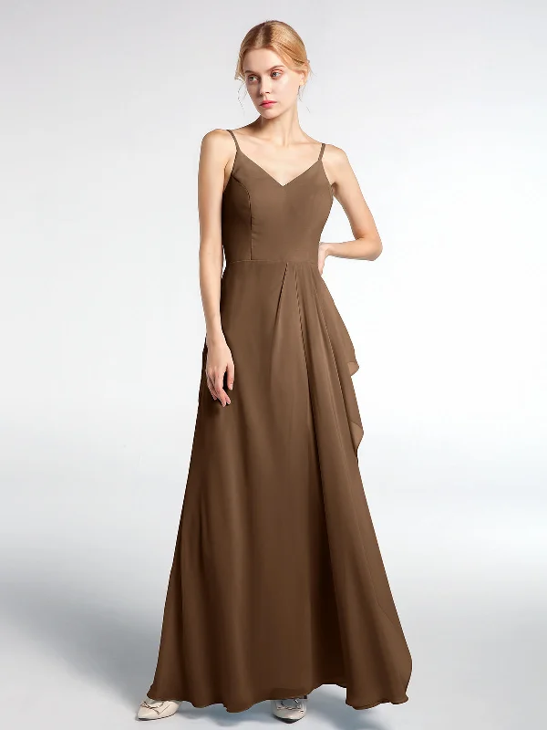 V-neck Chiffon Simple Maxi Dress with Spaghetti Straps-Brown Elegant Pleated Maxi Dress V-neck Chiffon Simple Maxi Dress with Spaghetti Straps-Brown Elegant Pleated Maxi Dress