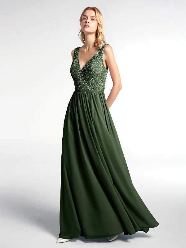 V-neck Lace Top Chiffon Skirt Maxi Dress-Olive Green Classic Black Maxi Dress