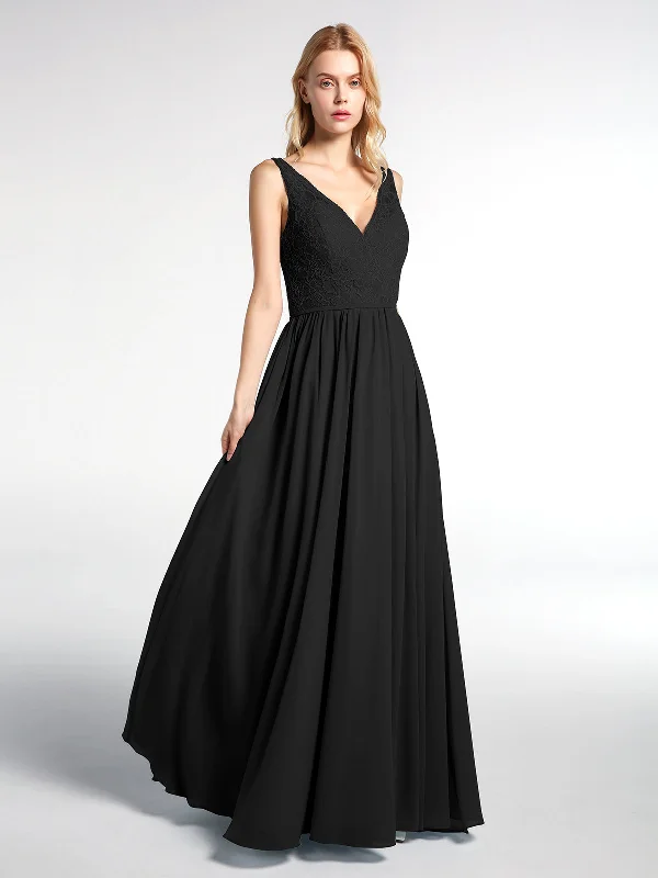 V-neck Lace Top Chiffon Skirt Maxi Dress-Black Chic Button-Up Maxi Dress