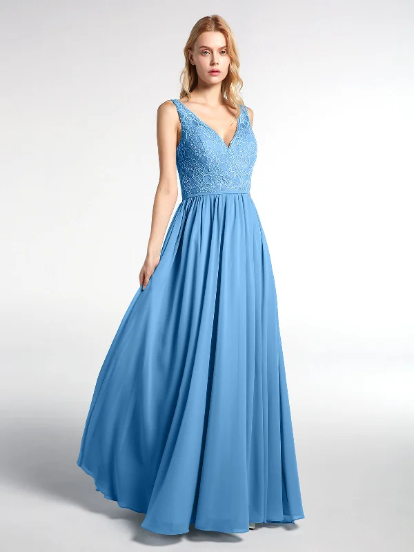 V-neck Lace Top Chiffon Skirt Maxi Dress-Blue Elegant Maxi Dress with Pockets