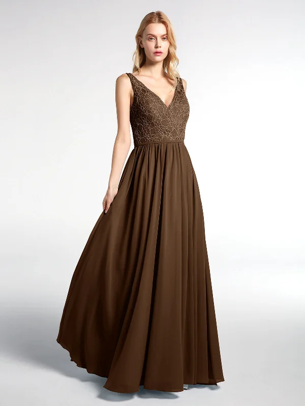 V-neck Lace Top Chiffon Skirt Maxi Dress-Brown Fashionable Halter Neck Maxi Dress