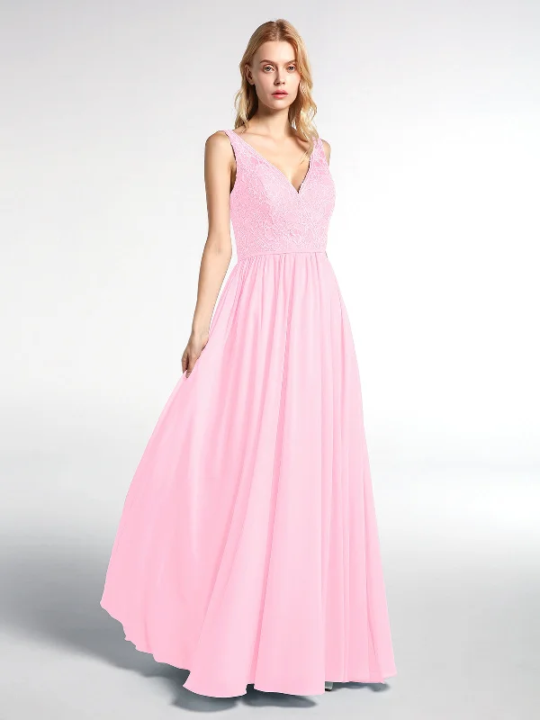V-neck Lace Top Chiffon Skirt Maxi Dress-Candy Pink Trendy Maxi Dress with Straps