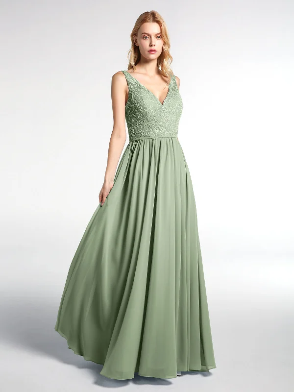 V-neck Lace Top Chiffon Skirt Maxi Dress-Dusty Sage Elegant Boho Maxi Dress