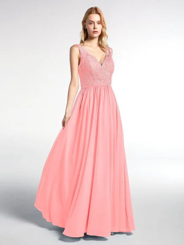 V-neck Lace Top Chiffon Skirt Maxi Dress-Flamingo Trendy Floral Print Maxi Dress