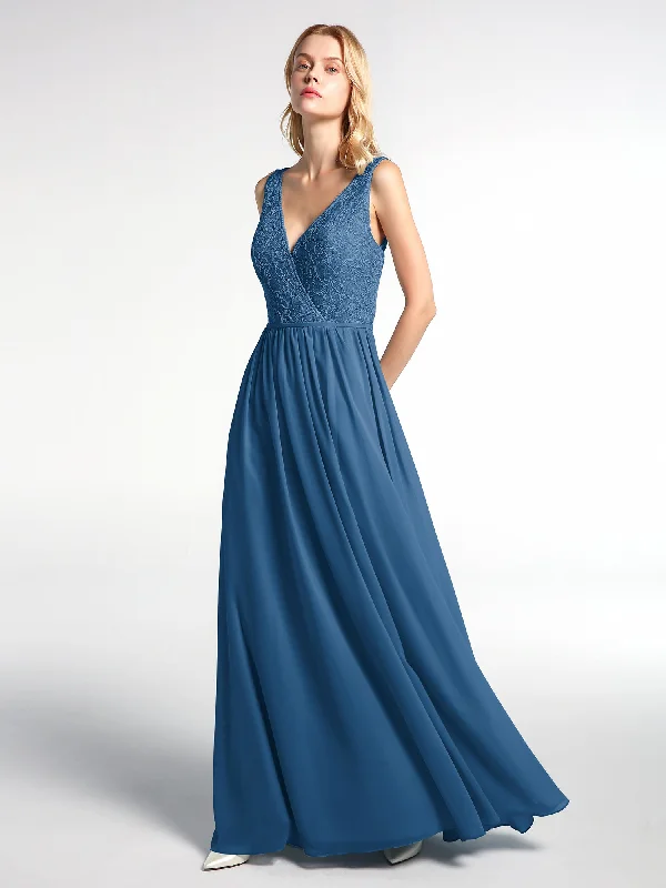 V-neck Lace Top Chiffon Skirt Maxi Dress-Ink Blue Fashionable Layered Maxi Dress