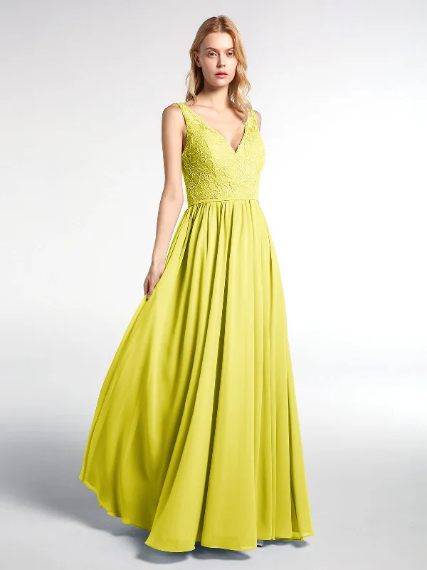 V-neck Lace Top Chiffon Skirt Maxi Dress-Lemon Comfortable Ruffle Hem Maxi Dress