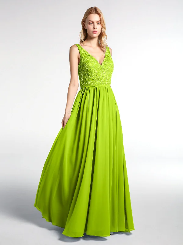 V-neck Lace Top Chiffon Skirt Maxi Dress-Lime Green Elegant Maxi Dress with Belt