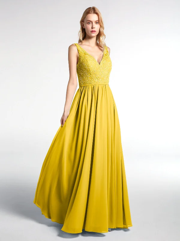 V-neck Lace Top Chiffon Skirt Maxi Dress-Marigold Comfortable Ruffle Maxi Dress
