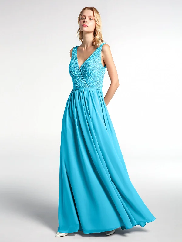 V-neck Lace Top Chiffon Skirt Maxi Dress-Pool Cozy Cold-Shoulder Maxi Dress