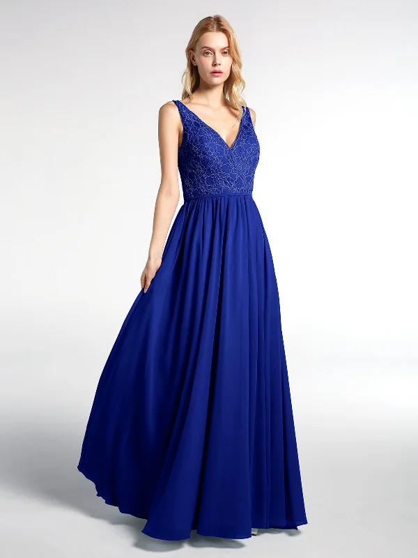 V-neck Lace Top Chiffon Skirt Maxi Dress-Royal Blue Stylish A-Line Maxi Dress