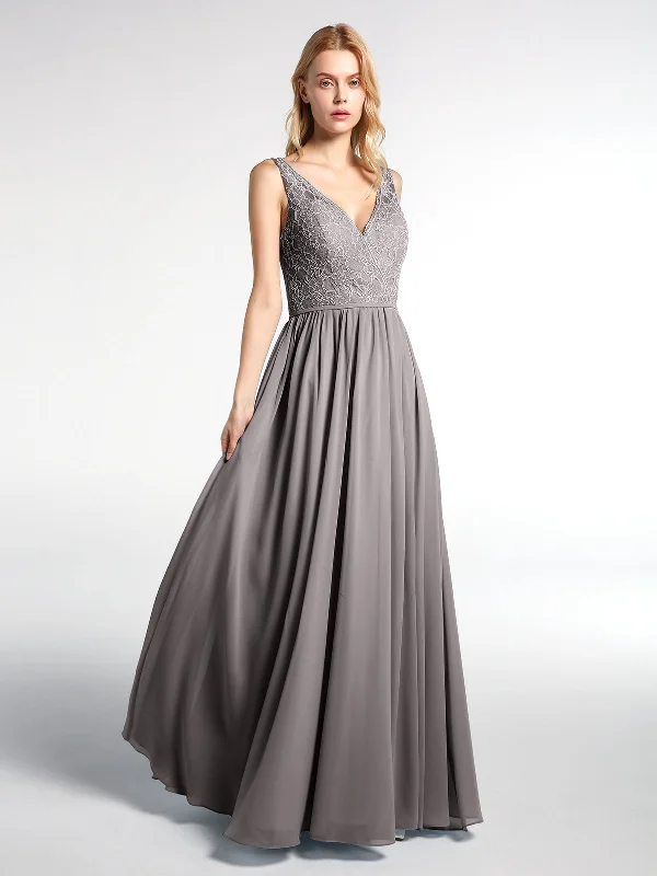 V-neck Lace Top Chiffon Skirt Maxi Dress-Silver Elegant Maxi Dress with Drapes